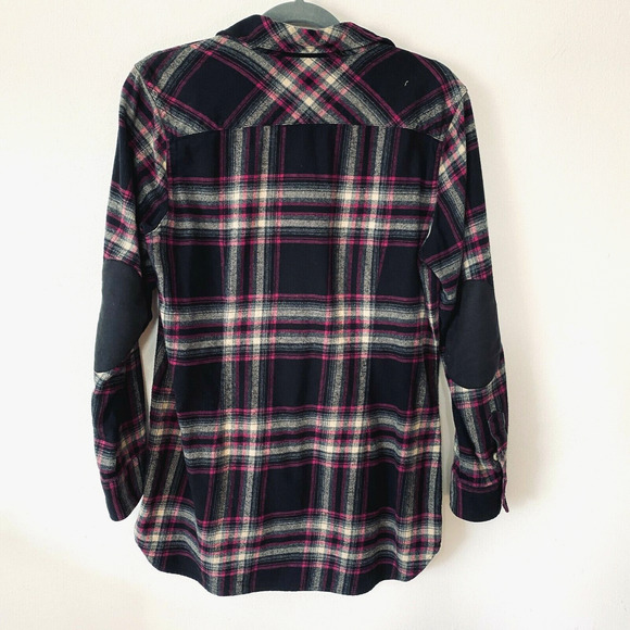 Soft Surroundings Magenta Black Plaid Button Elbow Patch Embroidered Back M - Picture 3 of 11